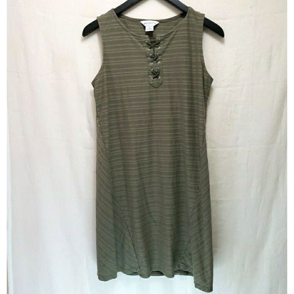 Liz Claiborne Women's Size Small Green Striped Lace Up Sleeveless Dress Olive